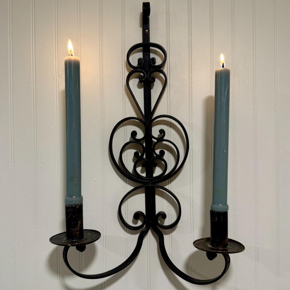 Vintage Wrought Iron Wall Candle Sconce Scroll Mexico Double Holder Rustic 18"